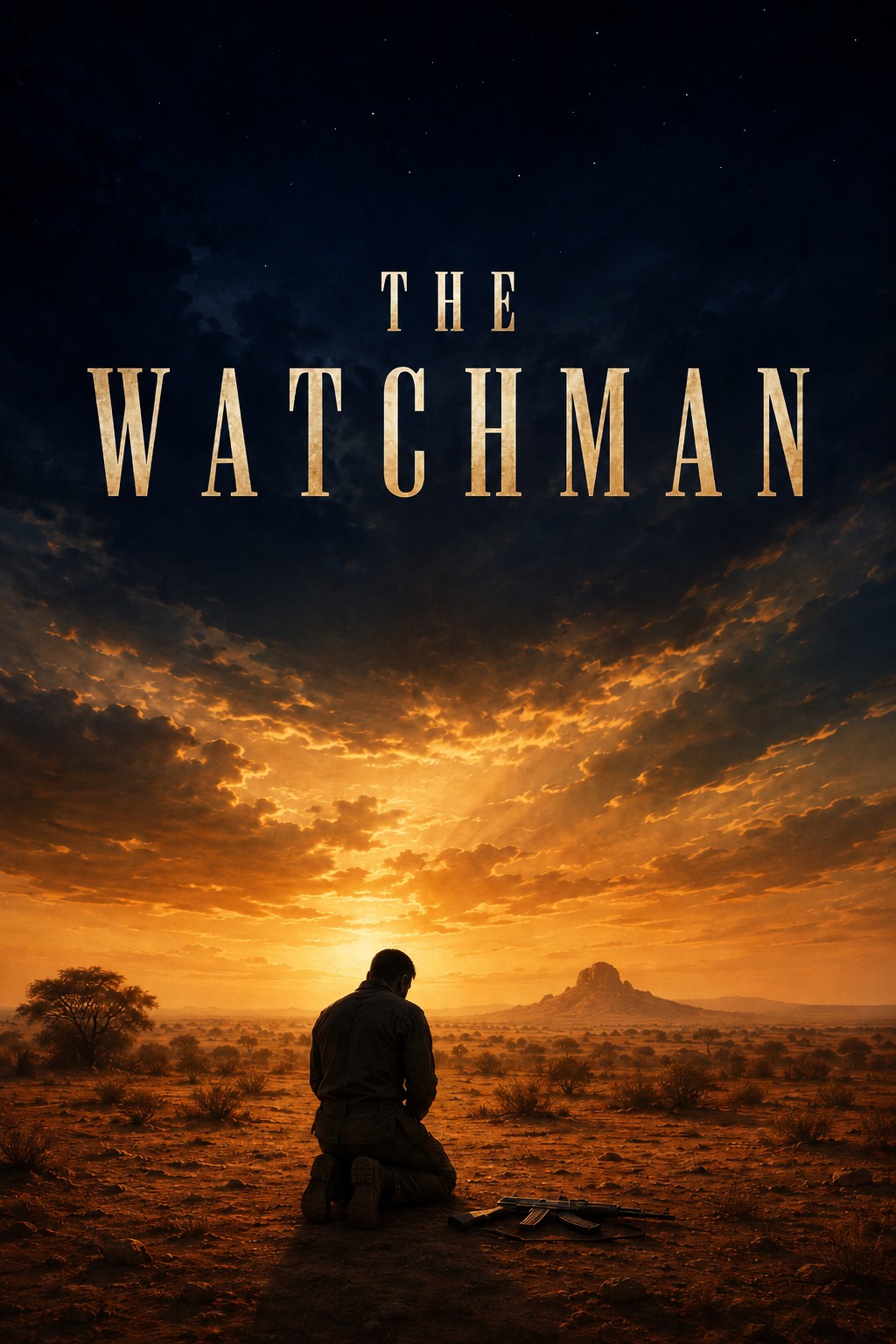 Cover of The Watchman — a soldier kneeling at sunset, his rifle laid on the ground beside him